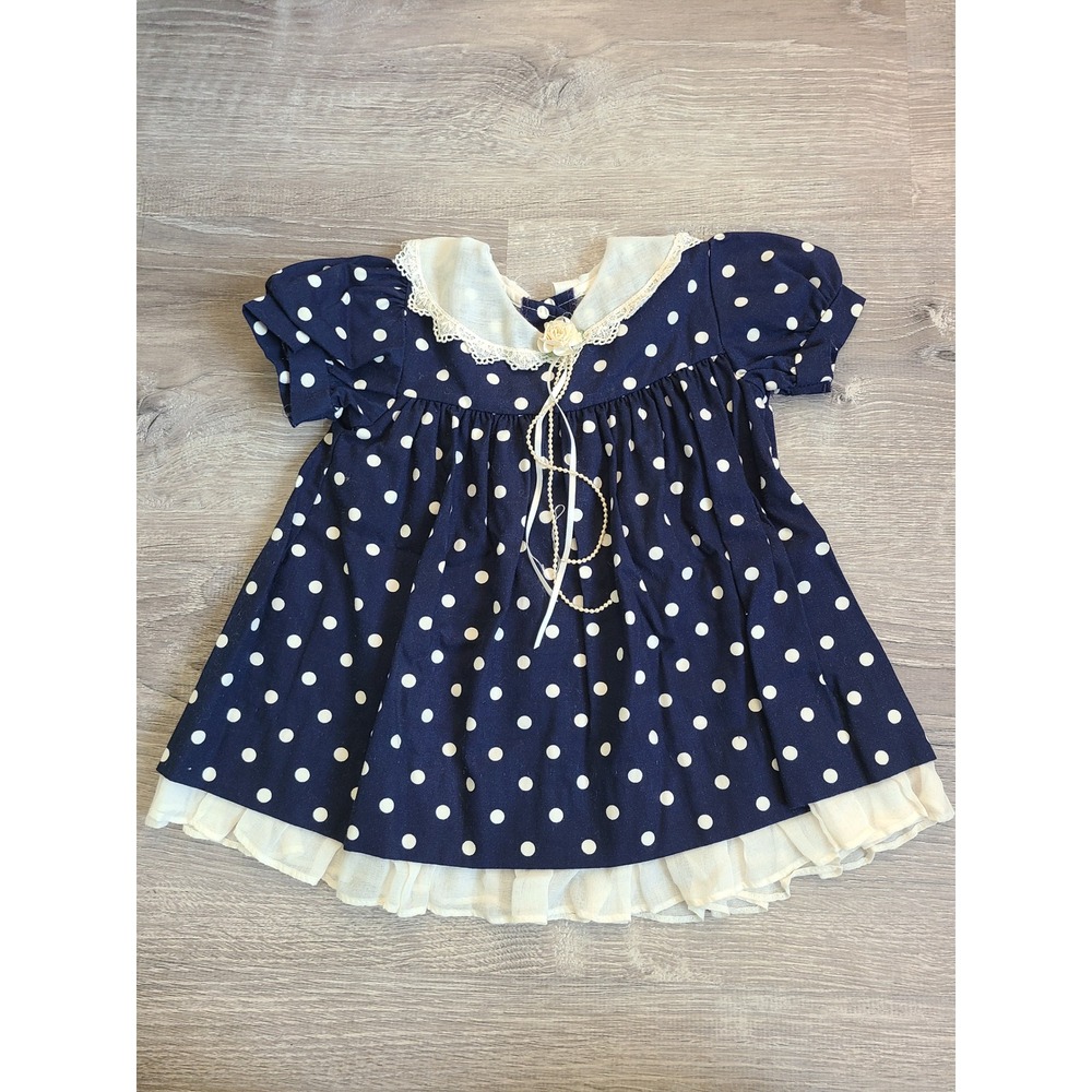 VTG Allison Ann Baby 6-9 Months Party Dress Polka Dot Lacy Rosette Blue Cream